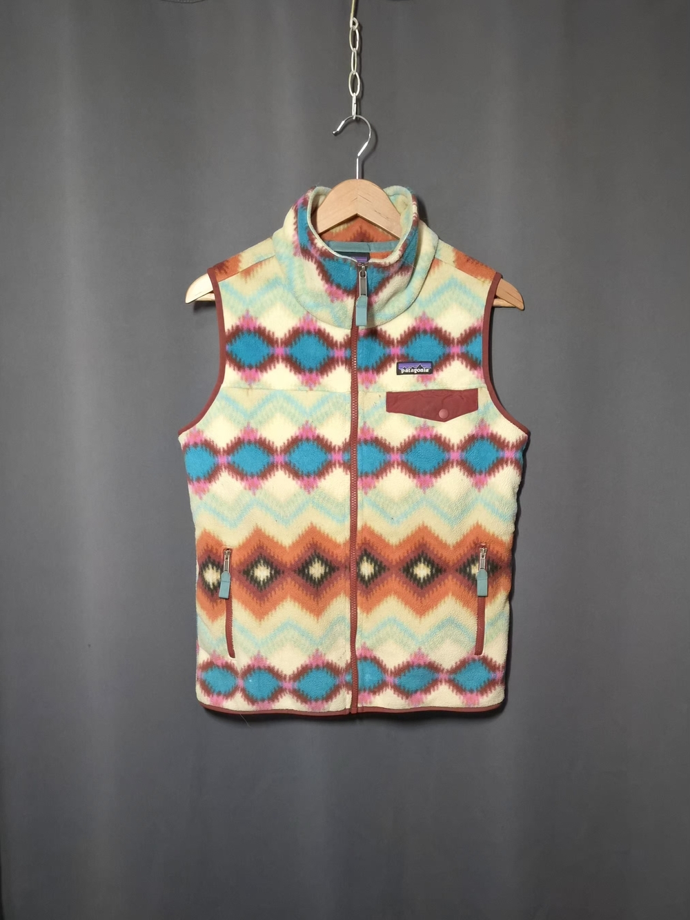 Patagonia Synchilla Fleece Full Zip Vest Aztec Geometric Turquoise Orange Size M